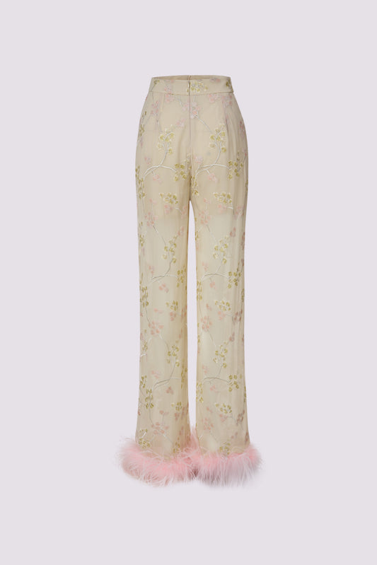 Gelbe, gerade geschnittene Hose mit Stickerei